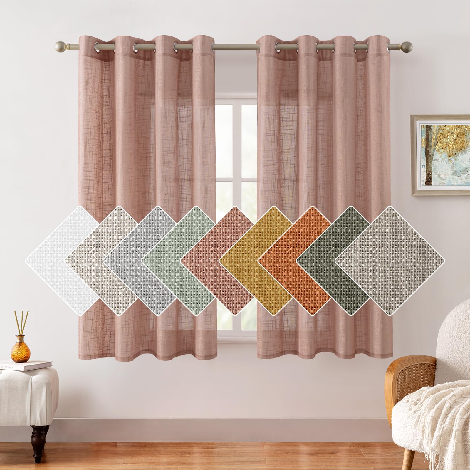 HOMEIDEAS Blush Pink Linen Sheer Curtains 63 Inches Long 2 Panels Textured Dusty Blush Semi Sheer Curtains Farmhouse Curtains Sh